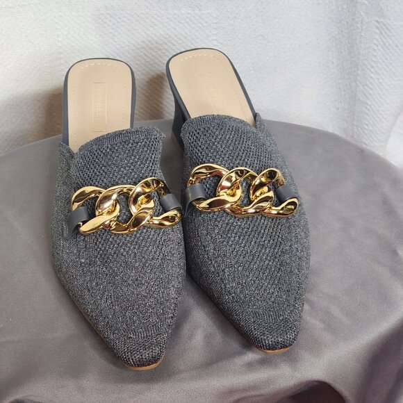 Newbella Grey Mousse Fit Pointed Toe Square Heel Gold Tone Chain Dress Mule 7.5 - Picture 4 of 16